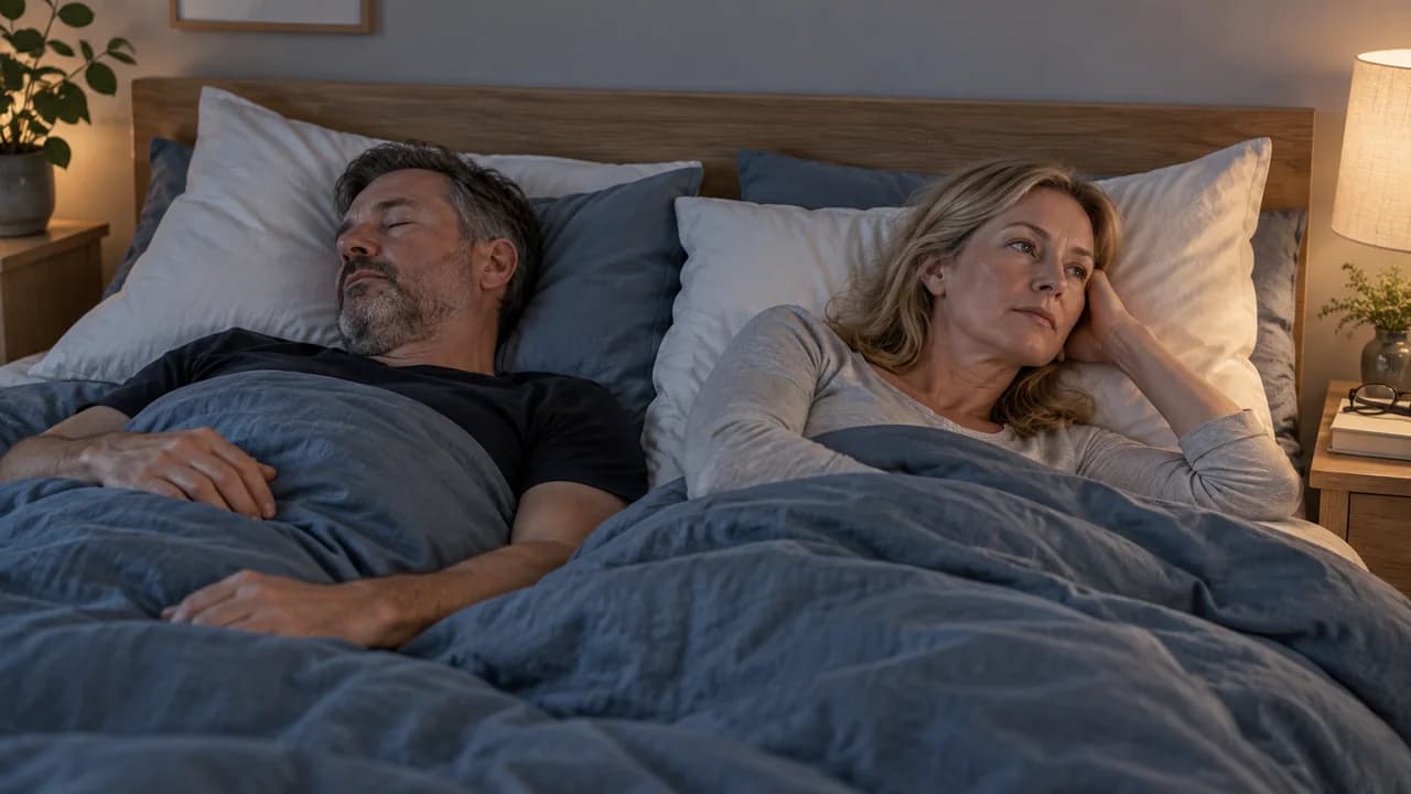 En voksen ligger våken ved siden av en sovende partner.